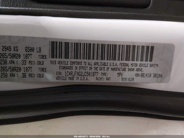 Aukcja sprzedaży 2018 Jeep Grand Cherokee Altitude 4x4, vin: 1C4RJFAG2JC501877, numer aukcji: 46034273