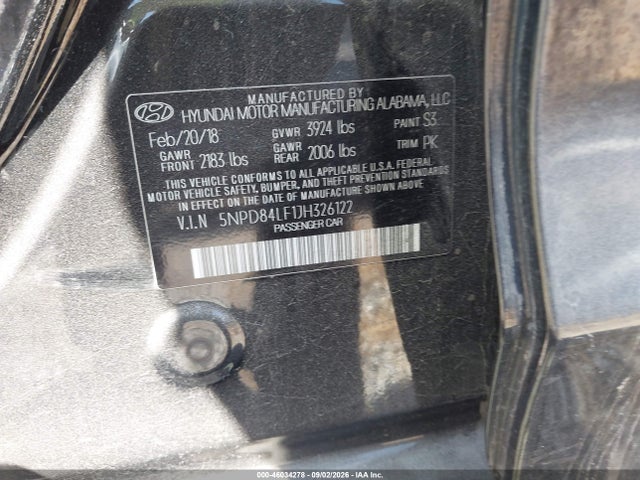 46034278 :رقم المزاد ، 5NPD84LF1JH326122 vin ، 2018 Hyundai Elantra Sel مزاد بيع