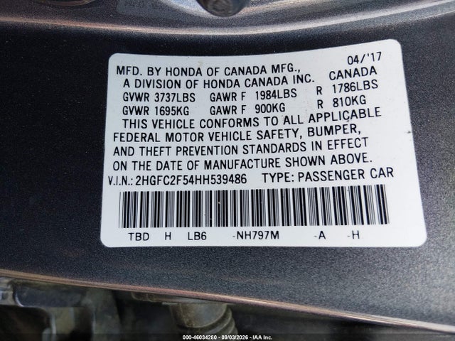 Aukcja sprzedaży 2017 Honda Civic Lx, vin: 2HGFC2F54HH539486, numer aukcji: 46034280