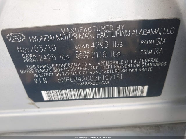 2011 Hyundai Sonata Gls მანქანა იყიდება აუქციონზე, vin: 5NPEB4AC0BH197161, აუქციონის ნომერი: 46034281