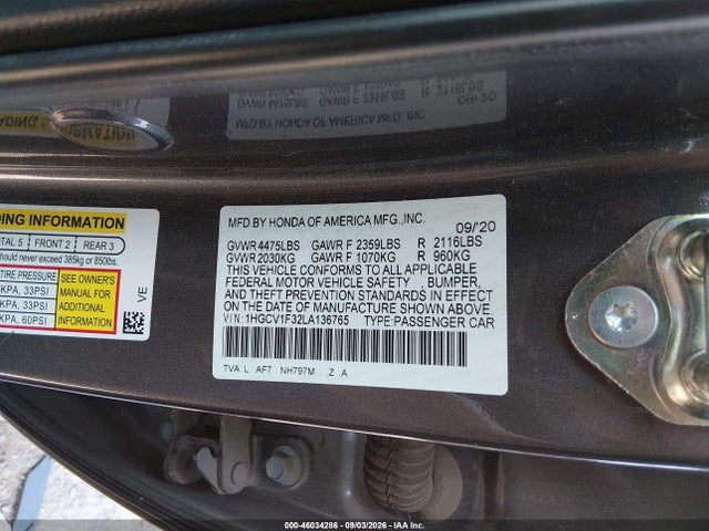 2020 Honda Accord Sport მანქანა იყიდება აუქციონზე, vin: 1HGCV1F32LA136765, აუქციონის ნომერი: 46034286