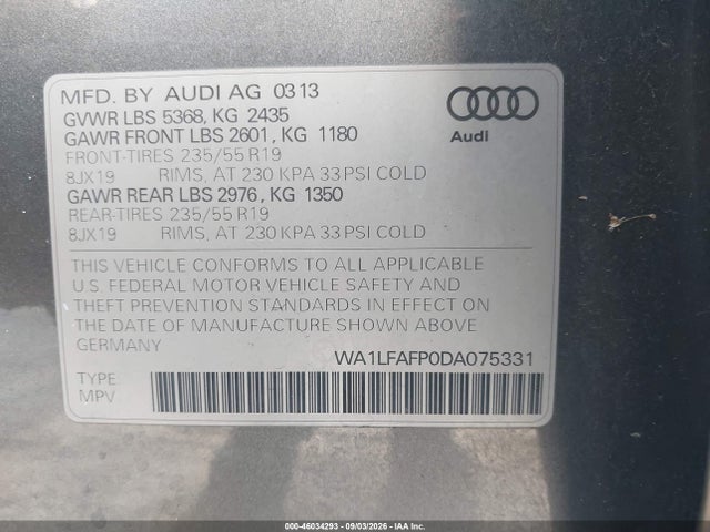 Aukcja sprzedaży 2013 Audi Q5 2.0t Premium, vin: WA1LFAFP0DA075331, numer aukcji: 46034293