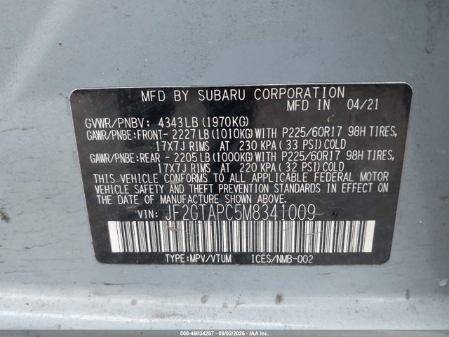 Aukcja sprzedaży 2021 Subaru Crosstrek Premium, vin: JF2GTAPC5M8341009, numer aukcji: 46034297