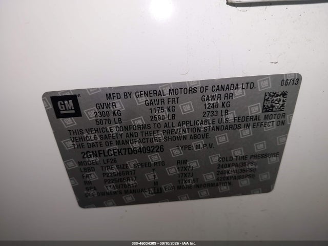 Aukcja sprzedaży 2013 Chevrolet Equinox Ls, vin: 2GNFLCEK7D6409226, numer aukcji: 46034309