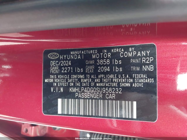 Aukcja sprzedaży 2025 Hyundai Elantra Limited, vin: KMHLP4DG0SU958232, numer aukcji: 46034324