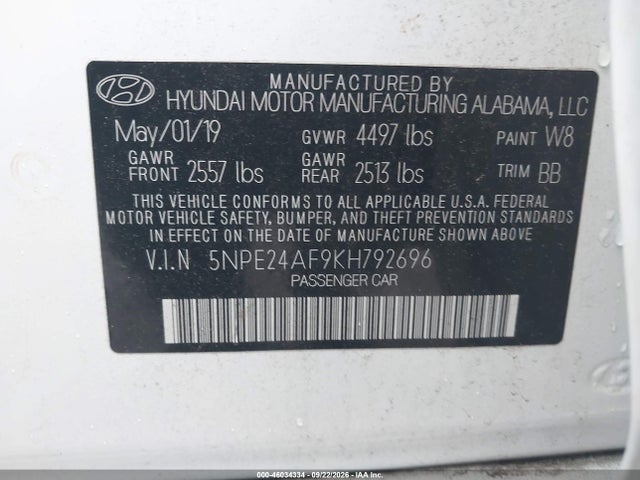 Продаж на аукціоні авто 2019 Hyundai Sonata Se, vin: 5NPE24AF9KH792696, номер лоту: 46034334