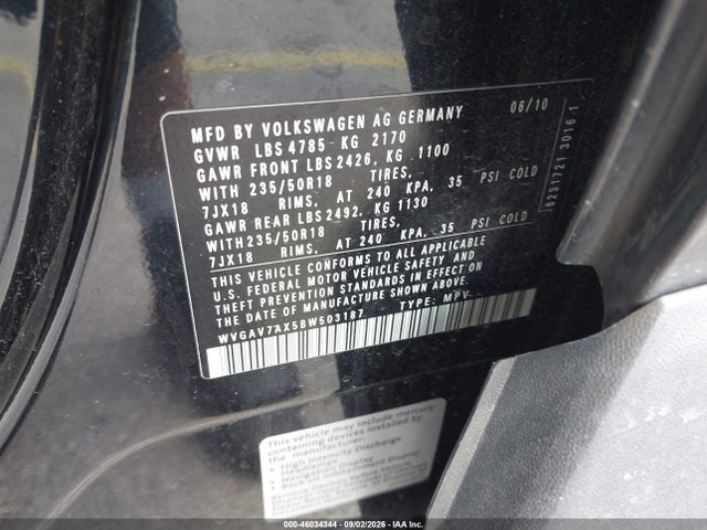 Aukcja sprzedaży 2011 Volkswagen Tiguan Se, vin: WVGAV7AX5BW503187, numer aukcji: 46034344
