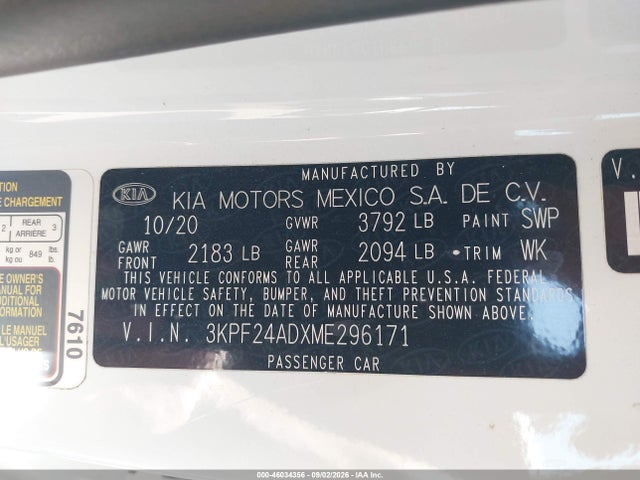 46034356 :رقم المزاد ، 3KPF24ADXME296171 vin ، 2021 Kia Forte Lxs مزاد بيع