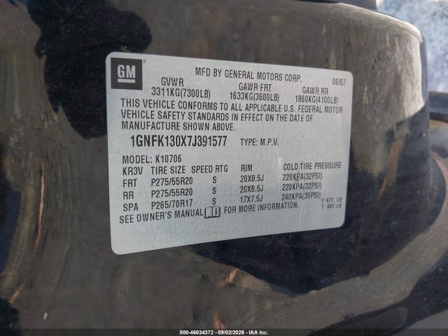2007 Chevrolet Tahoe Ltz მანქანა იყიდება აუქციონზე, vin: 1GNFK130X7J391577, აუქციონის ნომერი: 46034372