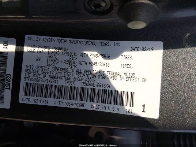 Aukcja sprzedaży 2019 Toyota Tacoma Sr, vin: 5TFAX5GN7KX146811, numer aukcji: 46034377