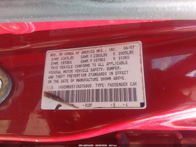 Продаж на аукціоні авто 2007 Honda Accord 3.0 Ex, vin: 1HGCM66517A074900, номер лоту: 46034380