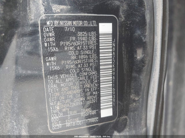 46034409 :رقم المزاد ، JN8AZ2KR9AT169391 vin ، 2010 Nissan Cube S/sl/krom مزاد بيع
