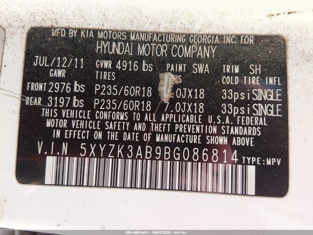 2011 Hyundai Santa Fe Limited მანქანა იყიდება აუქციონზე, vin: 5XYZK3AB9BG086814, აუქციონის ნომერი: 46034411