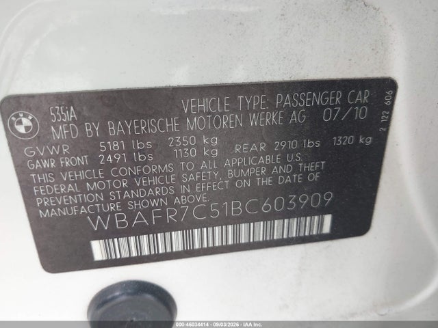 Aukcja sprzedaży 2011 Bmw 535i, vin: WBAFR7C51BC603909, numer aukcji: 46034414