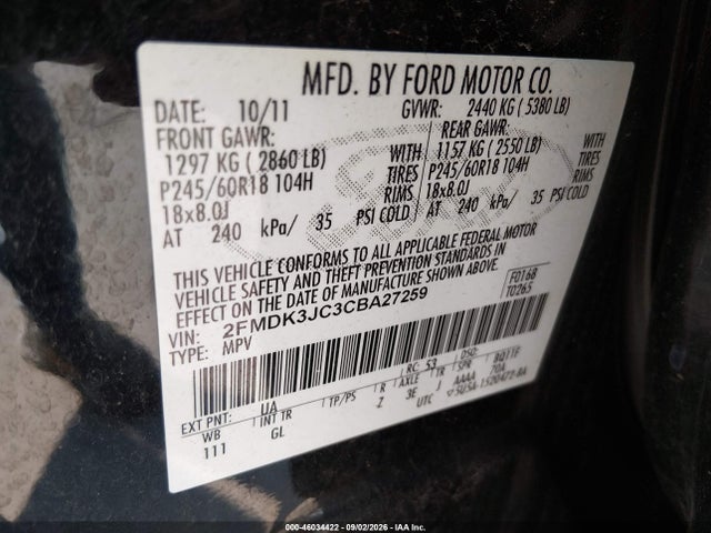 Aukcja sprzedaży 2012 Ford Edge Sel, vin: 2FMDK3JC3CBA27259, numer aukcji: 46034422