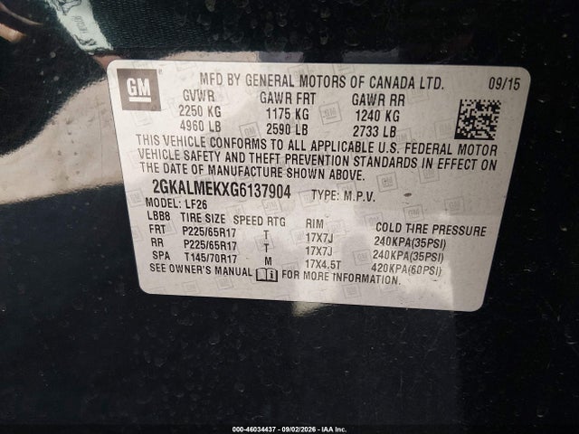 2016 Gmc Terrain Sle-1 მანქანა იყიდება აუქციონზე, vin: 2GKALMEKXG6137904, აუქციონის ნომერი: 46034437