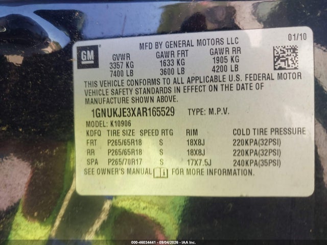 46034441 :رقم المزاد ، 1GNUKJE3XAR165529 vin ، 2010 Chevrolet Suburban 1500 Lt1 مزاد بيع