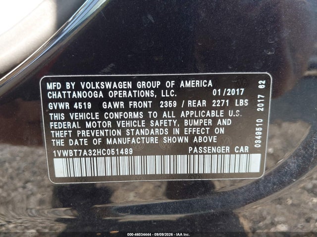 2017 Volkswagen Passat 1.8t Se მანქანა იყიდება აუქციონზე, vin: 1VWBT7A32HC051489, აუქციონის ნომერი: 46034444