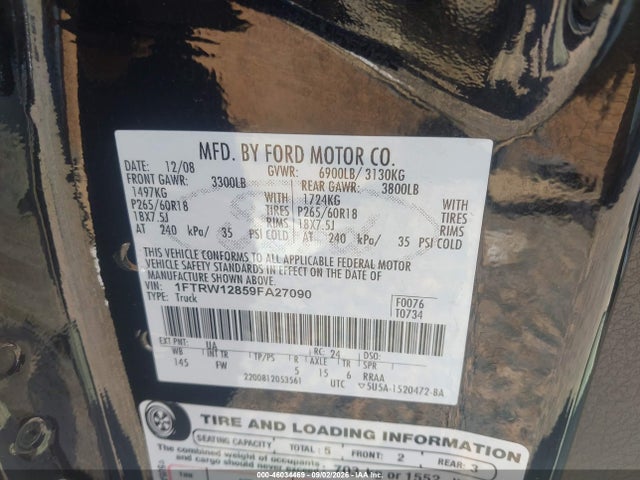 Продаж на аукціоні авто 2009 Ford F-150 Xlt, vin: 1FTRW12859FA27090, номер лоту: 46034469