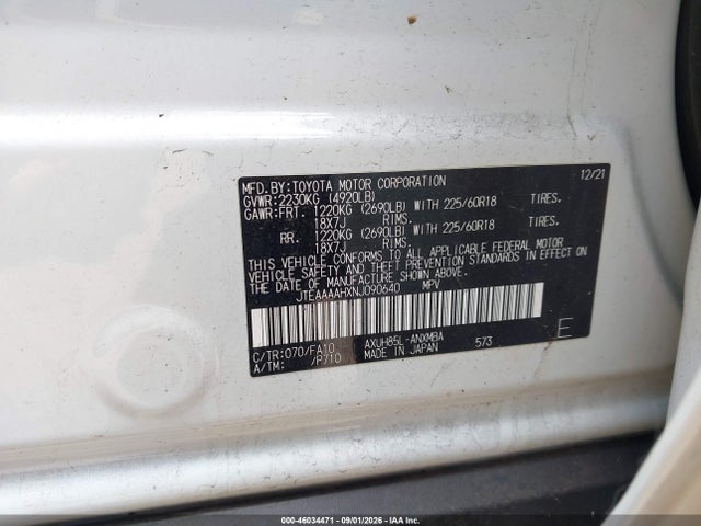 Aukcja sprzedaży 2022 Toyota Venza Le, vin: JTEAAAAHXNJ090640, numer aukcji: 46034471