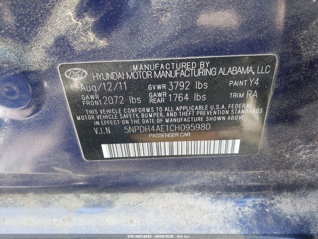 Продажа на аукционе авто 2012 Hyundai Elantra Limited, vin: 5NPDH4AE1CH095980, номер лота: 46034485
