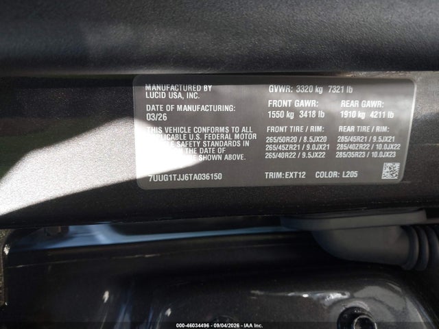 46034496 :رقم المزاد ، 7UUG1TJJ6TA036150 vin ، 2026 Lucid Gravity Touring مزاد بيع