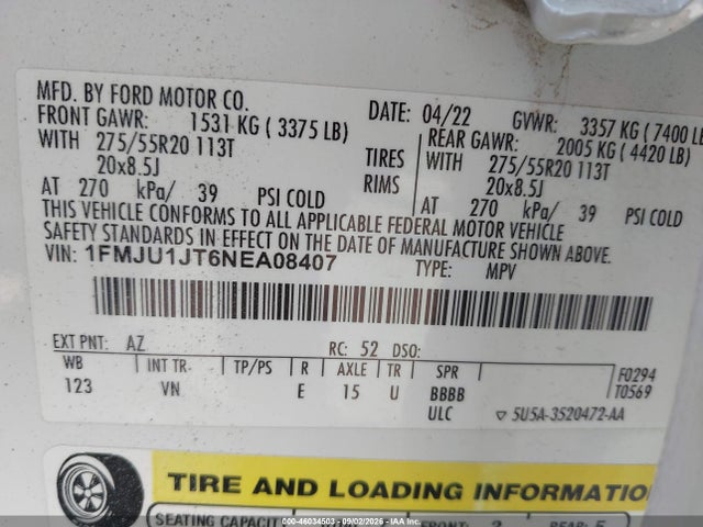 2022 Ford Expedition Xlt მანქანა იყიდება აუქციონზე, vin: 1FMJU1JT6NEA08407, აუქციონის ნომერი: 46034503