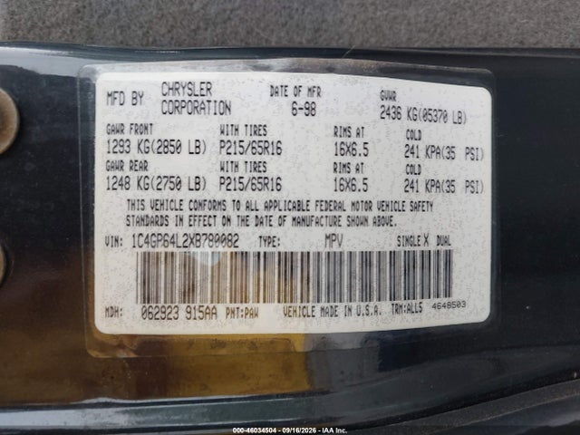 46034504 :رقم المزاد ، 1C4GP64L2XB780082 vin ، 1999 Chrysler Town & Country Limited مزاد بيع