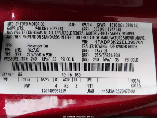 Продажа на аукционе авто 2014 Ford Focus Se, vin: 1FADP3K22EL395761, номер лота: 46034514