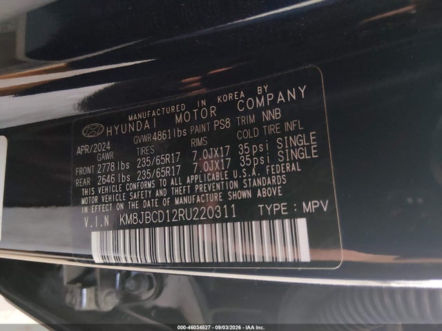46034527 :رقم المزاد ، KM8JBCD12RU220311 vin ، 2024 Hyundai Tucson Hybrid Blue مزاد بيع
