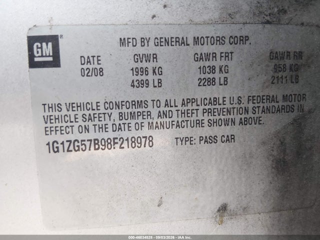 Продаж на аукціоні авто 2008 Chevrolet Malibu Ls, vin: 1G1ZG57B98F218978, номер лоту: 46034528