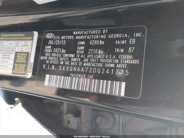 Aukcja sprzedaży 2013 Kia Optima Ex, vin: 5XXGN4A72DG241775, numer aukcji: 46034540