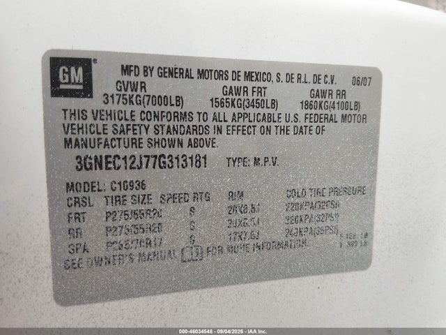 2007 Chevrolet Avalanche 1500 Ltz მანქანა იყიდება აუქციონზე, vin: 3GNEC12J77G313181, აუქციონის ნომერი: 46034548