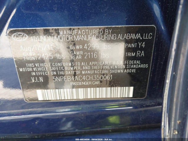 Продажа на аукционе авто 2012 Hyundai Sonata Gls, vin: 5NPEB4AC4CH350061, номер лота: 46034556