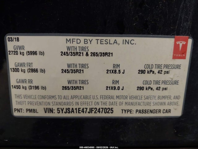 46034560 :رقم المزاد ، 5YJSA1E47JF247025 vin ، 2018 Tesla Model S 100d/75d/p100d مزاد بيع