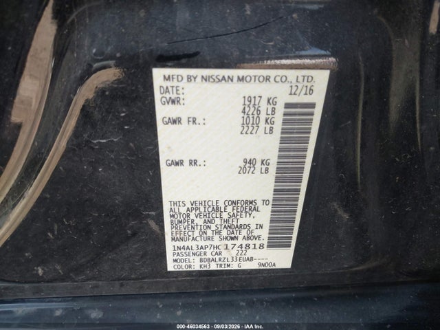 Aukcja sprzedaży 2017 Nissan Altima 2.5 Sl, vin: 1N4AL3AP7HC174818, numer aukcji: 46034563