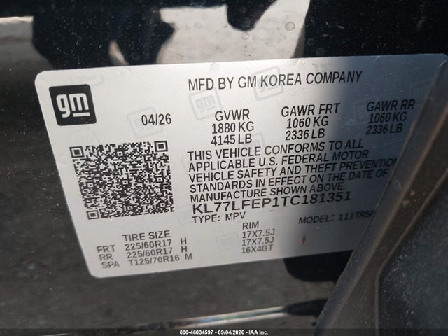 46034597 :رقم المزاد ، KL77LFEP1TC181351 vin ، 2026 Chevrolet Trax Fwd Ls مزاد بيع