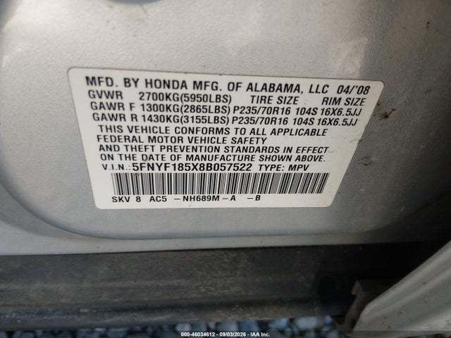 Продаж на аукціоні авто 2008 Honda Pilot Ex-l, vin: 5FNYF185X8B057522, номер лоту: 46034612