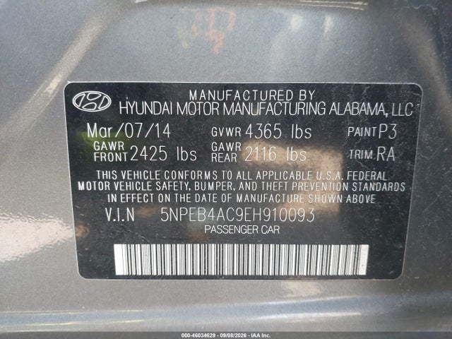 Aukcja sprzedaży 2014 Hyundai Sonata Gls, vin: 5NPEB4AC9EH910093, numer aukcji: 46034629