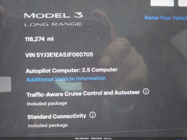 Продажа на аукционе авто 2018 Tesla Model 3 Long Range/mid Range, vin: 5YJ3E1EA5JF060705, номер лота: 46034631