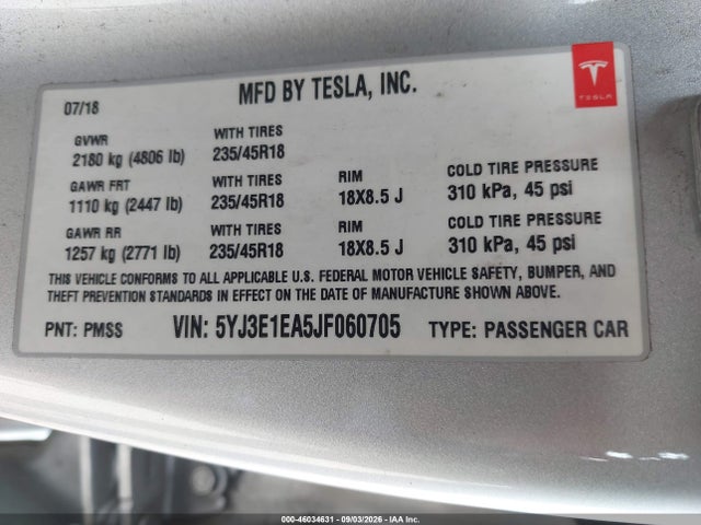 Продажа на аукционе авто 2018 Tesla Model 3 Long Range/mid Range, vin: 5YJ3E1EA5JF060705, номер лота: 46034631