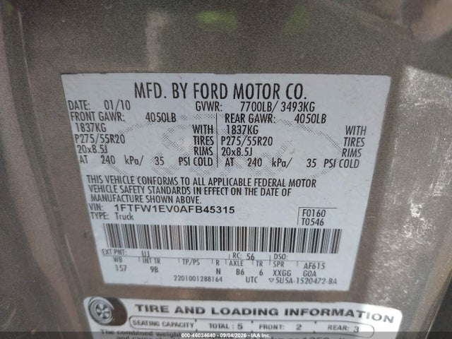 2010 Ford F-150 Fx4/harley-davidson/king Ranch/lariat/platinum/xl/xlt მანქანა იყიდება აუქციონზე, vin: 1FTFW1EV0AFB45315, აუქციონის ნომერი: 46034640