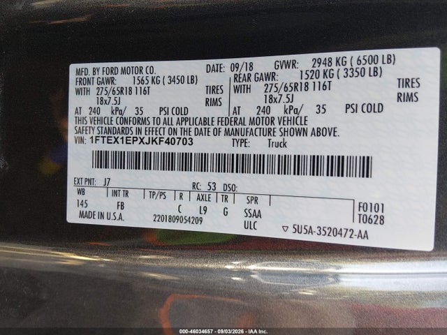 46034657 :رقم المزاد ، 1FTEX1EPXJKF40703 vin ، 2018 Ford F-150 Xlt مزاد بيع