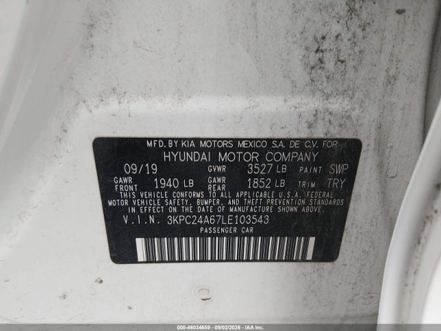 Auction sale of the 2020 Hyundai Accent Se, vin: 3KPC24A67LE103543, lot number: 46034659