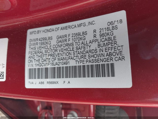 Продаж на аукціоні авто 2018 Honda Accord Lx, vin: 1HGCV1F16JA210491, номер лоту: 46034663