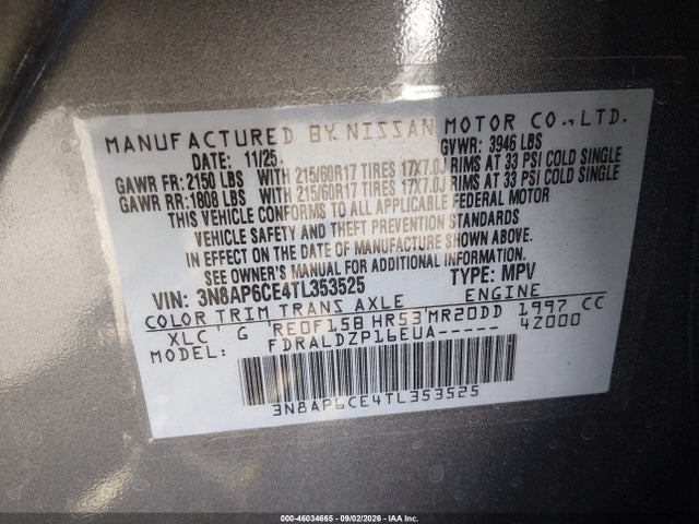 46034665 :رقم المزاد ، 3N8AP6CE4TL353525 vin ، 2026 Nissan Kicks Sv مزاد بيع