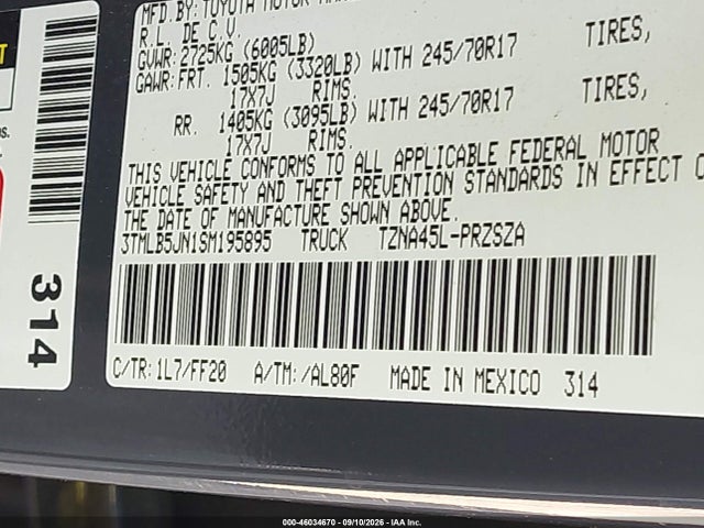 46034670 :رقم المزاد ، 3TMLB5JN1SM195895 vin ، 2025 Toyota Tacoma Sr5 مزاد بيع