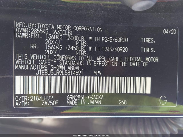 46034681 :رقم المزاد ، JTEBU5JR9L5814691 vin ، 2020 Toyota 4runner Nightshade Special Edition مزاد بيع