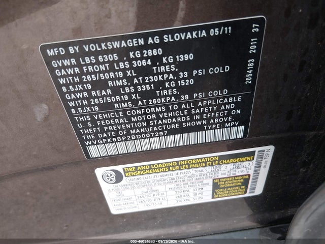 Продажа на аукционе авто 2011 Volkswagen Touareg Tdi Lux, vin: WVGFK9BP2BD007297, номер лота: 46034683