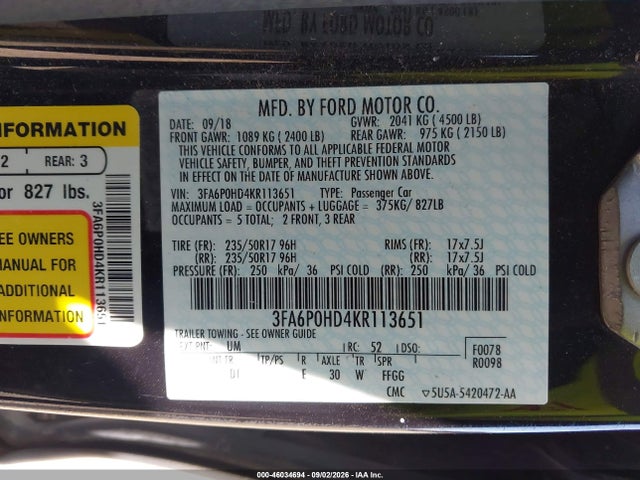 2019 Ford Fusion Se მანქანა იყიდება აუქციონზე, vin: 3FA6P0HD4KR113651, აუქციონის ნომერი: 46034694